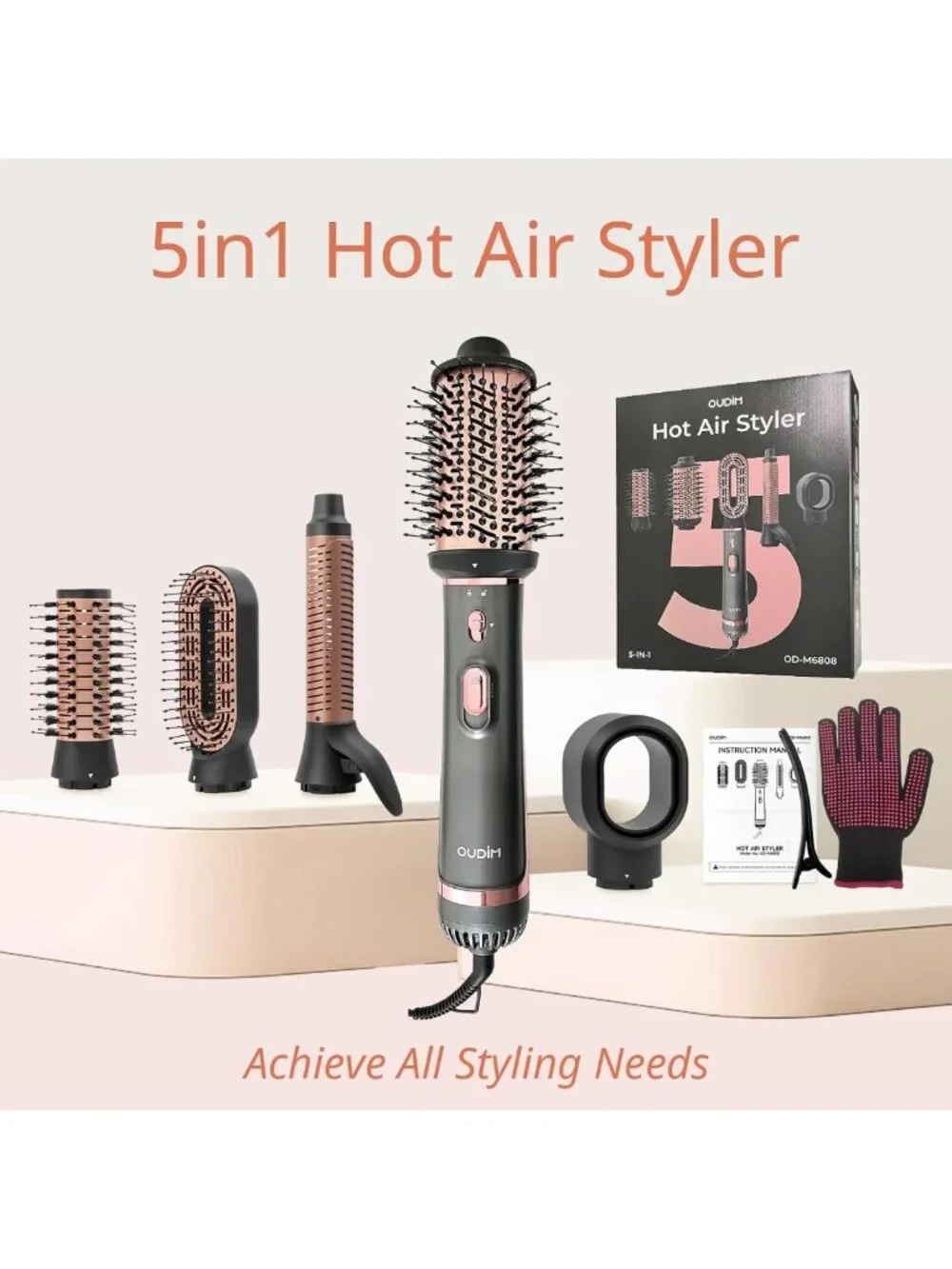 5-in-1 Hot Air Styler & Hair Dryer Brush, 1200W, Negative Ion, 3 Temp Levels